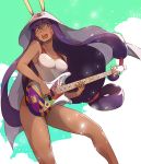  1girl :d bare_shoulders blue_eyes blush breasts cleavage dark_skin electric_guitar fate_(series) guitar instrument jackal_ears looking_at_viewer nitocris_(swimsuit_assassin)_(fate) one-piece_swimsuit open_mouth purple_hair smile solo swimsuit teeth tokiwa_midori_(kyokutou_funamushi) white_swimsuit 