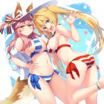  2girls ahoge animal_ears ass bikini blonde_hair blue_bikini blush breasts cleavage collarbone ears_through_headwear fate/grand_order fate_(series) fox_ears fox_tail green_eyes hair_intakes halterneck hat heart highres jewelry large_breasts long_hair looking_at_viewer multiple_girls navel nero_claudius_(fate)_(all) nero_claudius_(swimsuit_caster)_(fate) pink_hair side-tie_bikini smile striped striped_bikini subaru_(794829485) swimsuit tail tamamo_(fate)_(all) tamamo_no_mae_(fate) tamamo_no_mae_(swimsuit_lancer)_(fate) twintails yellow_eyes 