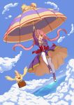  1girl animal bird ccarrot commentary_request flying highres long_hair ocean original pink_hair sky solo twintails umbrella yellow_eyes 