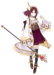  1girl atelier_(series) atelier_lydie_&amp;_suelle atelier_sophie brown_eyes coat dress full_body headdress highres holding holding_staff long_sleeves looking_at_viewer open_clothes open_coat redhead short_hair sleeve_cuffs sleeves_past_wrists smile solo sophie_neuenmuller staff thigh-highs turtleneck wide_sleeves yuugen 
