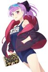  1girl :d book breasts dutch_angle fate/grand_order fate_(series) hayashi_kewi helena_blavatsky_(fate/grand_order) helena_blavatsky_(swimsuit_archer)_(fate) jacket looking_at_viewer name_tag old_school_swimsuit open_mouth ponytail purple_hair school_swimsuit short_hair simple_background small_breasts smile solo swimsuit swimsuit_under_clothes violet_eyes white_background 