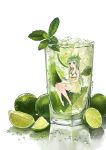  1girl absurdres barefoot bolbbangbbang breasts cup dress drink drinking_glass food fruit green_eyes green_hair highres ice ice_cube lime_(fruit) long_hair medium_breasts minigirl mojito original sitting smile solo sundress underwater water_drop 