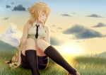  1girl bare_shoulders blonde_hair blue_sky braid closed_eyes clouds fate/apocrypha fate_(series) flower flower_request grass hand_on_own_knee highres kneehighs mountain necktie ruler_(fate/apocrypha) single_braid skirt sky smile solo sun thighs 
