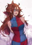  1girl android_21 bare_shoulders black-framed_eyewear blue_eyes breasts brown_hair curly_hair dragon_ball dragon_ball_fighterz dress earrings glasses hoop_earrings ian_olympia jewelry labcoat long_hair looking_at_viewer medium_breasts multicolored_clothes multicolored_dress pantyhose redhead solo 