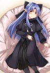  1girl black_capelet black_dress black_legwear black_ribbon blue_hair blush capelet commentary_request dress eyebrows_visible_through_hair feet_out_of_frame from_above fur_trim hair_ribbon highres len long_dress long_hair long_sleeves looking_at_viewer lying melty_blood on_back pantyhose parted_lips pom_pom_(clothes) red_eyes ribbon sabujiroko solo tsukihime 