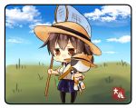  10s 1girl black_legwear blue_skirt blue_sky brown_eyes brown_hair butterfly_net chibi clouds commentary_request grass hakama_skirt hand_net hat highres insect_cage japanese_clothes kaga_(kantai_collection) kantai_collection outdoors short_hair shoulder_strap side_ponytail skirt sky solo straw_hat stuffed_animal stuffed_cat stuffed_toy sun_hat taisa_(kari) tasuki 
