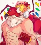  1boy 1girl ascot blonde_hair blush bow cheek_kiss closed_eyes crossover crystal fatal_fury flandre_scarlet frilled_skirt frills griffon_mask hand_on_another&#039;s_cheek hand_on_another&#039;s_face hand_on_another&#039;s_shoulder hat hat_bow hat_ribbon heart highres kiss m.u.g.e.n mark_of_the_wolves mask mob_cap muscle puffy_short_sleeves puffy_sleeves red_bow red_ribbon red_skirt red_vest ribbon rousfairly shirt shirtless short_hair short_sleeves side_ponytail simple_background skirt skirt_set the_king_of_fighters touhou vest white_background white_shirt wings wrestler wrestling_mask 