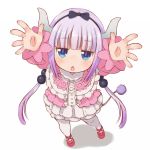  1girl :o bangs beads blunt_bangs blush capelet dragon_girl dragon_horns dragon_tail dress eyebrows_visible_through_hair frilled_dress frills full_body hair_beads hair_ornament hairband half-closed_eyes hondarai horns kanna_kamui kobayashi-san_chi_no_maidragon lavender_hair long_sleeves looking_at_viewer open_mouth outstretched_arms pov reaching_out simple_background solo tail thigh-highs white_background white_legwear 