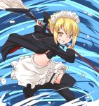  &gt;:d 1girl :d artoria_pendragon_(swimsuit_rider_alter)_(fate) artoria_pendragon_(swimsuit_rider_alter)_(fate)_(cosplay) bikini black_footwear black_jacket black_legwear blonde_hair blush braid broom commentary_request cosplay eyebrows_visible_through_hair fate/grand_order fate_(series) garter_belt grin hair_between_eyes hair_bun holding holding_broom jacket jumping kantai_collection looking_at_viewer maid_bikini maid_headdress open_clothes open_jacket open_mouth sailor_collar satsuki_(kantai_collection) shoes short_hair skirt smile solo soubi swimsuit white_skirt yellow_eyes 