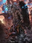  1boy abs barefoot copyright_name dark_skin demon_horns feathered_wings feathers force_of_will grey_eyes grey_hair highres horns long_hair mad_(artist) male_focus navel official_art rock shirtless solo staff wings 