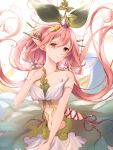  1girl aidesa bare_shoulders brown_eyes closed_mouth collarbone commentary eyebrows_visible_through_hair floating_hair flower granblue_fantasy hair_flower hair_ornament head_tilt highres long_hair long_pointy_ears navel pink_hair plant_girl plant_on_head pointy_ears smile solo twintails very_long_hair white_background yggdrasill_(granblue_fantasy) 