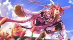  1girl blush character_request flower_knight_girl highres long_hair looking_at_viewer mizunashi_(second_run) over_shoulder pink_hair smile solo sword sword_over_shoulder twintails weapon weapon_over_shoulder yellow_eyes 