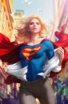  1girl bird blonde_hair blue_eyes blurry cape city collarbone dc_comics depth_of_field emblem emphasis_lines highres medium_hair parted_lips realistic red_cape solo stanley_lau super_suit_under_clothes supergirl superhero superman_(series) 