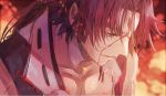  10s 1boy blood close-up embers japanese_clothes katsugeki/touken_ranbu long_hair looking_down male_focus parted_lips purple_hair smile solo tonbokiri_(touken_ranbu) touken_ranbu yellow_eyes 