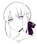  &gt;:&lt; 1girl :&lt; artoria_pendragon_(all) bangs boa_(brianoa) braid closed_mouth commentary eyebrows_visible_through_hair fate/stay_night fate_(series) frown hair_between_eyes hair_bun hair_ribbon looking_at_viewer nude portrait ribbon saber_alter short_hair sidelocks simple_background solo white_background 