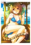  1girl absurdres animal_ears artist_name ass bangs bare_legs bare_shoulders beach_chair beach_umbrella bikini breasts brown_eyes brown_hair cat_ears cat_tail cleavage clouds collarbone day highres looking_at_viewer medium_breasts ocean open_mouth outdoors pillow scan short_hair side-tie_bikini sitting sky solo swimsuit tail takumi_namuchi toranoana umbrella water 