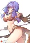  1girl bangs breasts brown_skirt capelet closed_mouth eyebrows_visible_through_hair grey_background hair_intakes hair_tubes large_breasts legs_apart long_hair looking_at_viewer midriff navel pelvic_curtain purple_hair ragnarok_online sidelocks simple_background skirt smile solo thighs waero watermark web_address 