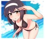  1girl adjusting_hair bangs bikini black_bikini blurry breasts chawan_(yultutari) clouds cloudy_sky commentary_request day depth_of_field front-tie_bikini front-tie_top girls_und_panzer hairband highres leaning_forward long_hair looking_at_viewer medium_breasts outdoors parted_lips reizei_mako side-tie_bikini sky solo standing sweat swimsuit thigh_gap wading white_hairband 