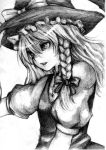  1girl bow braid graphite_(medium) hair_bow hand_to_hat hat kirisame_marisa lips long_hair looking_to_the_side mechanical_pencil open_mouth pencil side_braid simple_background solo suparu_(detteiu) touhou traditional_media upper_body vest white_background witch_hat 