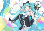  1girl absurdly_long_hair absurdres bare_shoulders black_legwear blue_eyes blue_hair blush breasts eyebrows_visible_through_hair gloves hatsune_miku highres holding holding_microphone holmemee long_hair looking_at_viewer magical_mirai_(vocaloid) medium_breasts microphone open_mouth smile solo thigh-highs twintails very_long_hair vocaloid white_gloves 