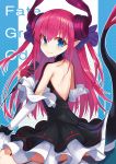  1girl back_cutout blue_bow blue_eyes bow fate/grand_order fate_(series) gloves hair_bow highres horns lancer_(fate/extra_ccc) long_hair looking_back mhong pink_hair pointy_ears shoulder_blades smile solo tail 