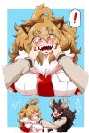  ! &gt;:d 2girls 2koma :d ahoge animal_ears antlers blonde_hair breast_pocket brown_eyes brown_hair comic commentary_request elbow_gloves extra_ears eye_contact eyebrows_visible_through_hair finger_in_another&#039;s_mouth fur_collar gloves hair_between_eyes hands_up highres kemono_friends lion_(kemono_friends) lion_ears long_hair looking_at_another millipen_(medium) moose_(kemono_friends) moose_ears multiple_girls necktie open_mouth orange_hair pocket red_necktie scarf sharp_teeth shirt short_sleeves slit_pupils smile spoken_exclamation_mark standing sweater teeth traditional_media translation_request upper_body warawaranka 