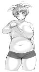  1girl :o animal_ears bad_id bad_tumblr_id belly breasts elf-san_wa_yaserarenai. large_breasts navel original parted_lips plump rabbit_ears shirt short_hair short_shorts shorts simple_background solo synecdoche thick_thighs thighs white_background 