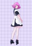  1girl apron gundam gundam_zz haman_karn highres looking_back maid maid_apron purple_hair simple_background smile solo teikoku_jokyoku 