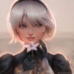  1girl black_gloves blue_eyes blush flower gloves hairband highres holding holding_flower looking_at_viewer mole mole_under_mouth nier_(series) nier_automata parted_lips patreon_username polkin short_hair smile solo tumblr_username upper_body watermark web_address white_hair yorha_no._2_type_b 