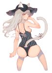  1girl absurdres animal_ears arm_at_side aruterra ass black_swimsuit breasts bright_pupils casual_one-piece_swimsuit cat_ears cat_tail cropped_legs from_behind grey_hair hand_to_own_mouth hat highres long_hair looking_back one-piece_swimsuit original ribbon sideboob simple_background small_breasts solo striped swimsuit tail tail_ribbon vertical-striped_swimsuit vertical_stripes white_background white_pupils yellow_eyes 