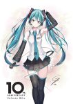  1girl absurdres anniversary aqua_eyes aqua_hair arm_up character_name detached_sleeves hatsune_miku head_tilt headset highres long_hair microphone necktie pleated_skirt skirt smile solo thigh-highs twintails very_long_hair vocaloid 