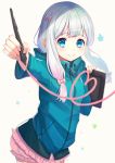  1girl blue_eyes blue_sweater cowboy_shot eromanga_sensei frilled_shorts frills holding holding_pen izumi_sagiri long_hair looking_at_viewer omelet_tomato outstretched_arm pink_shorts short_shorts shorts silver_hair simple_background smile solo standing sweater white_background 