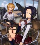  assault_rifle bullpup classroom desk fang ground_vehicle gun hibax-fre highres knee_pads looking_at_viewer military military_vehicle motor_vehicle multiple_girls polandball rifle school_desk school_uniform signature sitting tank trigger_discipline weapon 