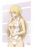  1girl alternate_costume artist_name ayu_(p1314_win) bare_shoulders blue_eyes blush breasts cleavage erect_nipples fate/apocrypha fate_(series) highres large_breasts long_hair looking_at_viewer midriff pants parted_lips ruler_(fate/apocrypha) signature solo standing thigh_gap white_pants 