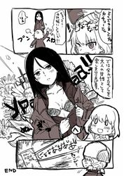  3girls bangs chikiso comic fur_hat girls_und_panzer hat katyusha long_hair long_sleeves monochrome multiple_girls nina_(girls_und_panzer) nonna open_mouth pravda_school_uniform short_hair translation_request undressing uniform 