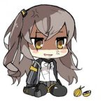  anger_vein angry brown_hair chibi girls_frontline jacket knee_pads lowres onion pelican_(s030) scar scar_across_eye shaded_face shirt sitting skirt ump45_(girls_frontline) wariza white_shirt yellow_eyes 