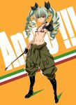  1girl anchovy anzio_military_uniform bare_shoulders bikini_top black_gloves boots breasts clothes_around_waist drill_hair flag_background girls_und_panzer gloves green_hair hair_ribbon highres italian_flag jacket_around_waist looking_at_viewer navel pointing pointing_at_viewer red_eyes ribbon riding_crop small_breasts smile solo tasaka_shinnosuke twintails 