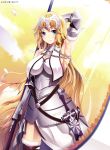  1girl armor armored_dress armpits blonde_hair blue_eyes breasts capelet chains cleavage fate/apocrypha fate/grand_order fate_(series) faulds flag fur_trim gauntlets headpiece highres kirin27 large_breasts looking_at_viewer ruler_(fate/apocrypha) solo standard_bearer sunlight thigh-highs yellow_eyes 