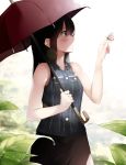  1girl black_hair butterfly highres holding holding_umbrella nature niii_(memstapak) original rain sleeveless smile solo umbrella white_background 