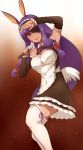  1girl :d blush breasts cleavage covered_navel dark_skin detached_sleeves eyepatch fate/grand_order fate_(series) hairband jackal_ears long_hair looking_at_viewer microphone nitocris_(fate/grand_order) open_mouth purple_hair smile solo teeth thigh-highs tokiwa_midori_(kyokutou_funamushi) very_long_hair violet_eyes white_legwear 