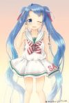  1girl ;d alternate_costume blue_eyes blue_hair blush commentary cosplay dress gradient gradient_background gradient_hair hair_ribbon highres kantai_collection libeccio_(kantai_collection) libeccio_(kantai_collection)_(cosplay) long_hair looking_at_viewer mae_(maesanpicture) multicolored_hair one_eye_closed open_mouth ribbon sailor_dress samidare_(kantai_collection) scratching_cheek sleeveless sleeveless_dress smile solo twintails twitter_username very_long_hair 