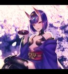  1girl alcohol bare_shoulders bob_cut breasts cherry_blossoms cup fang fate/grand_order fate_(series) horns japanese_clothes kimono legs_crossed letterboxed looking_at_viewer moe_(hamhamham) oni oni_horns open_mouth purple_hair sakazuki sake short_hair shuten_douji_(fate/grand_order) sitting small_breasts smile solo violet_eyes 