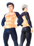  2boys ass brown_eyes brown_hair facial_hair hands_on_hips looking_back male_focus male_protagonist_(pokemon_go) multiple_boys pectorals pokemon pokemon_go shrug_(clothing) simple_background skin_tight smile stubble toned toned_male visor_cap white_background white_hair willow_(pokemon) 