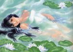  1girl black_hair brown_eyes flower lily_(flower) long_hair looking_at_viewer one-piece_swimsuit parted_lips partially_submerged solo swimsuit takada_akemi traditional_media water watercolor_(medium) white_swimsuit 