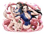  1girl :d black_hair blue_eyes blue_jacket bodskih breasts cleavage crossed_arms floating_hair groin hana_hana_no_mi hand_in_hair jacket large_breasts leather_vest long_hair midriff navel nico_robin one_piece open_clothes open_jacket open_mouth partially_unzipped petals sarong shiny shiny_skin short_sleeves skirt smile solo stomach sunglasses sunglasses_on_head transparent_background very_long_hair zipper 