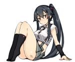  1girl :/ alternate_costume arm_support arm_warmers asashio_(kantai_collection) asashio_(kantai_collection)_(cosplay) ass black_legwear blush breasts closed_mouth collared_shirt commentary_request cosplay cosplay_request crop_top dated expressionless full_body green_skirt hair_tie high_ponytail invisible_chair kantai_collection kneehighs leaning_back legs_together legs_up medium_breasts miniskirt no_shoes pleated_skirt ponytail red_eyes shirt short_sleeves sidelocks signature simple_background sitting sketch skirt solo suspender_skirt suspenders thighs tun white_background white_shirt wing_collar yahagi_(kantai_collection) 