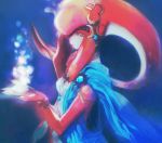  1girl blue_robe bracelet bubble closed_mouth crescent crescent_moon_pin hair_ornament jewelry long_hair looking_at_viewer mipha monster_girl red_eyes red_skin redhead robe submerged tentacle_hair the_legend_of_zelda the_legend_of_zelda:_breath_of_the_wild underwater upper_body yaku_(ziroken) zora 