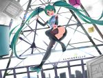  1girl aqua_eyes aqua_hair artist_request bare_shoulders floating_hair from_below full_body hair_between_eyes hatsune_miku headphones headset highres holding long_hair looking_at_viewer necktie open_mouth skirt smile solo tagme thigh-highs twintails v v4x very_long_hair vocaloid 