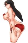  1girl ass bikini black_hair blue_eyes breasts cowboy_shot from_side girls_und_panzer large_breasts long_hair looking_to_the_side moonjunk nonna parted_lips profile red_bikini side-tie_bikini solo swimsuit 