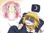  1boy 1girl androgynous bed_sheet blanket blonde_hair braid clenched_teeth closed_eyes fate/apocrypha fate_(series) maroonabyss midriff multicolored_hair pale_face pink_hair rider_of_black ruler_(fate/apocrypha) single_braid sleeping sweat teeth under_covers 